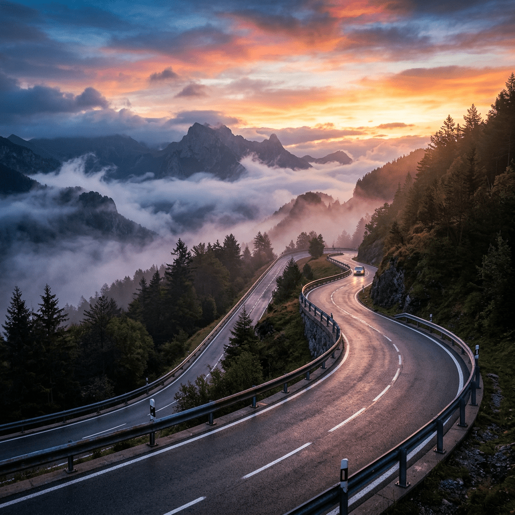 Curvy mountain road with a car driving during sunset above foggy valley and trees